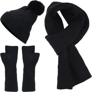 3 in 1 Set Women Men Beanie Scarf Gloves Set Fleece Lined Pom Pom Beanie Warm Knit Long Scarf Gloves for Cold Weather