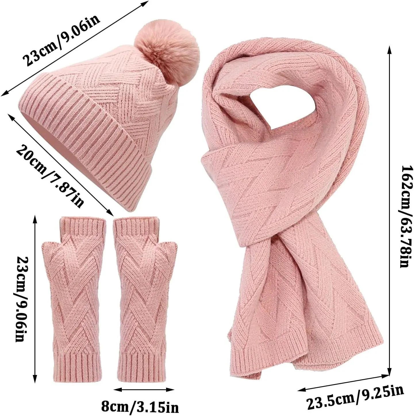 3 in 1 Set Women Men Beanie Scarf Gloves Set Fleece Lined Pom Pom Beanie Warm Knit Long Scarf Gloves for Cold Weather