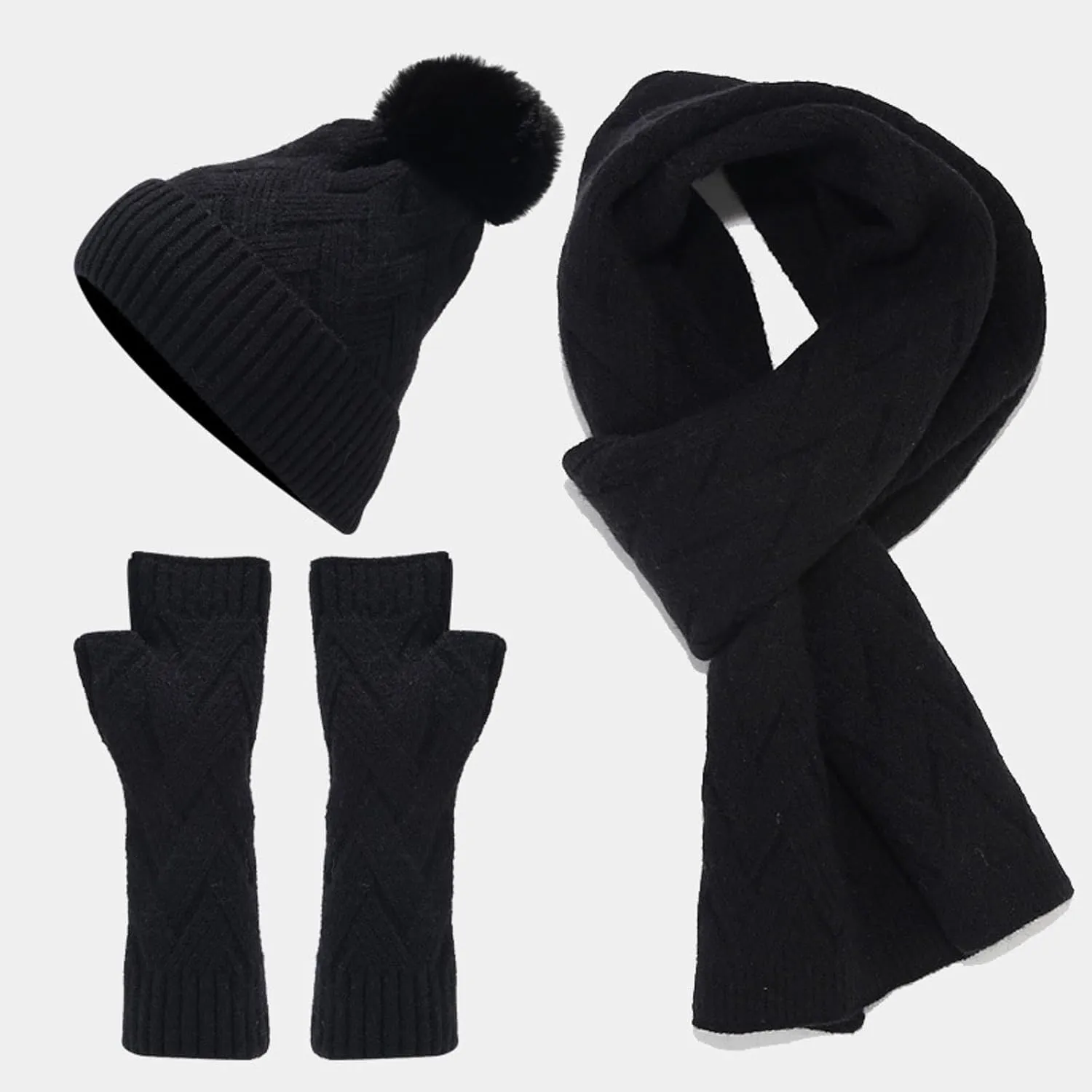 3 in 1 Set Women Men Beanie Scarf Gloves Set Fleece Lined Pom Pom Beanie Warm Knit Long Scarf Gloves for Cold Weather
