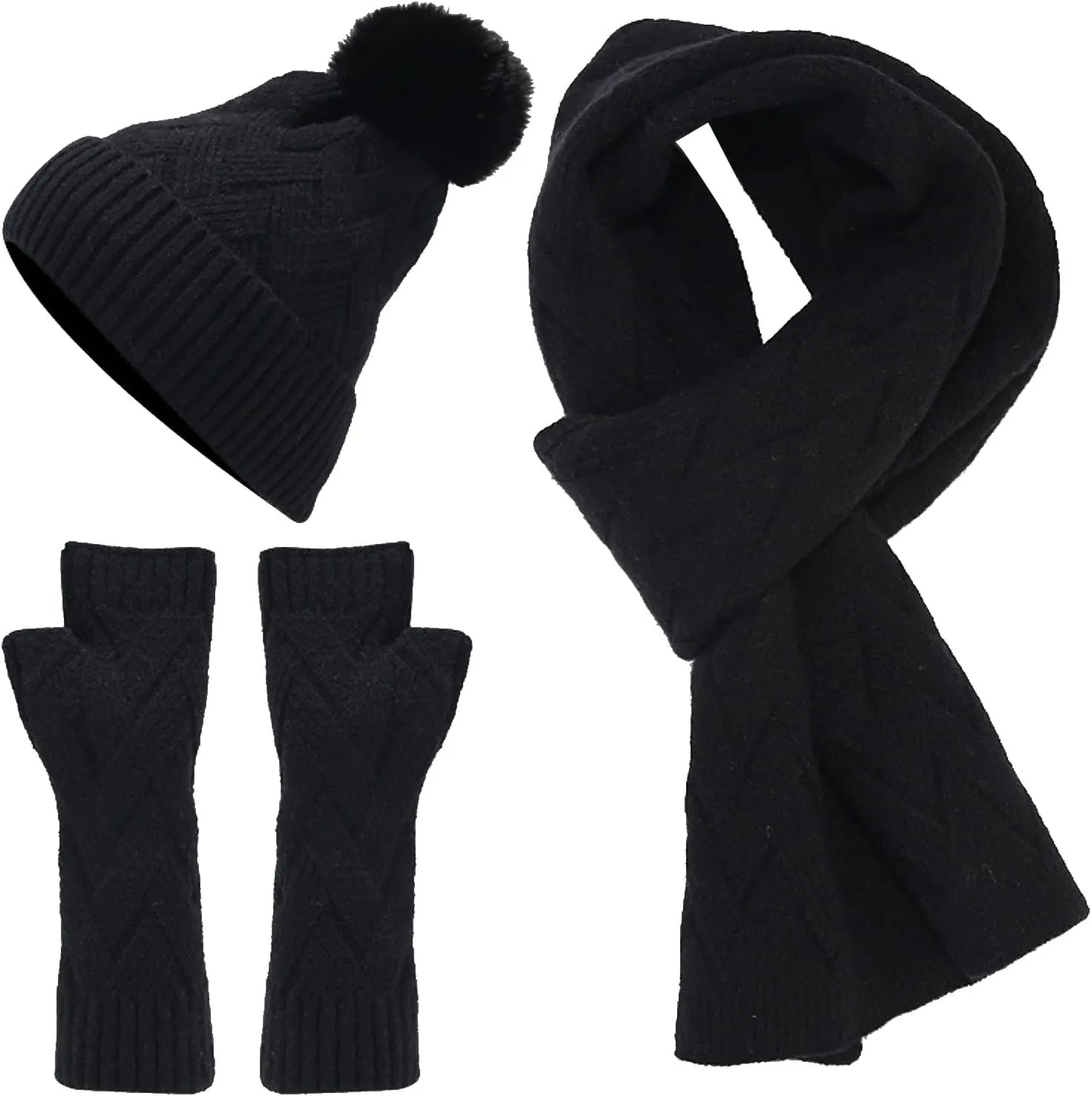 3 in 1 Set Women Men Beanie Scarf Gloves Set Fleece Lined Pom Pom Beanie Warm Knit Long Scarf Gloves for Cold Weather