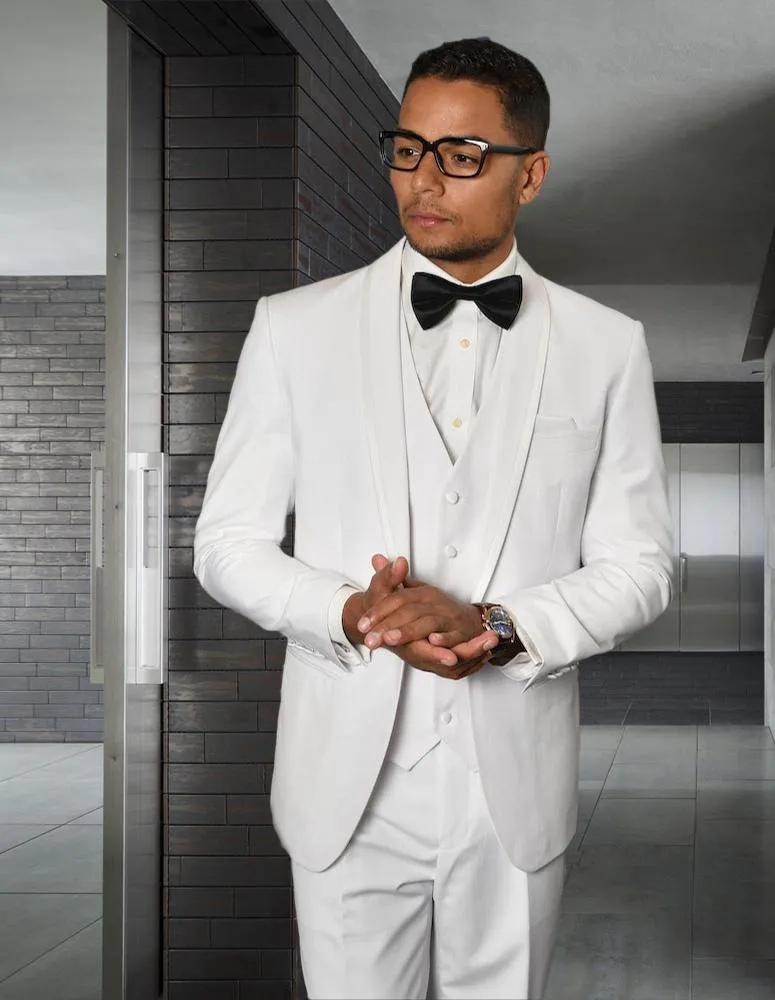 3 Pc Flat Front Pants With Matching Bow Tie | CAESAR| White