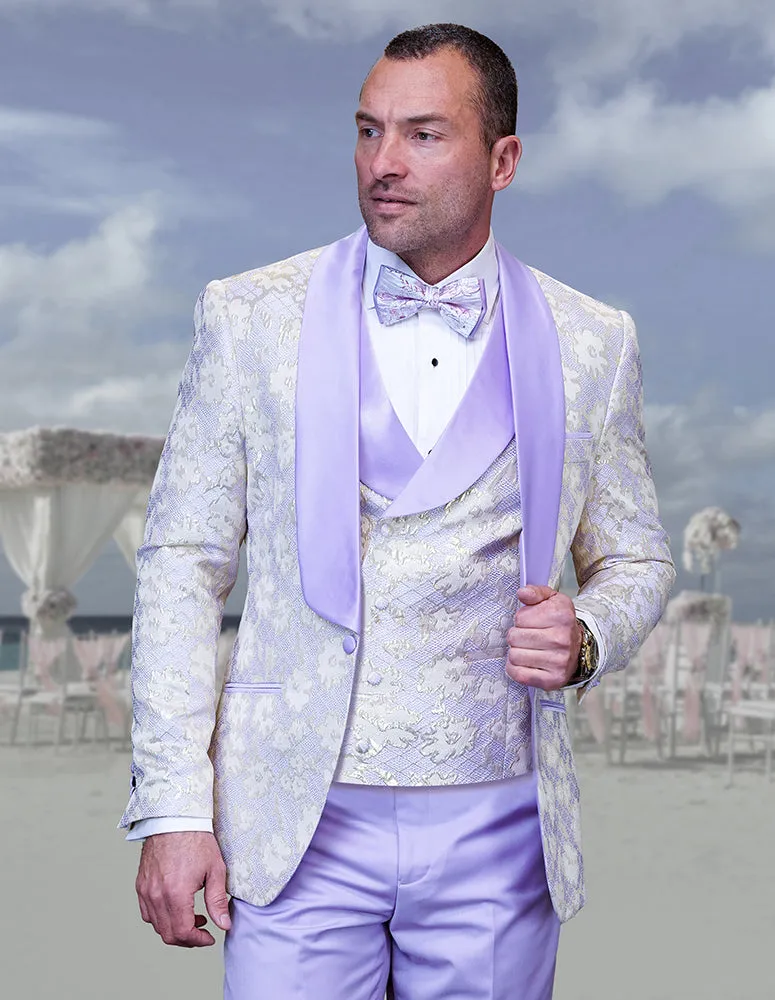 3Pc Fancy Tuxedo With Solid Color Pants. Modern Fit Flat Front Pants Including Bow Tie| TIZANO| Purple