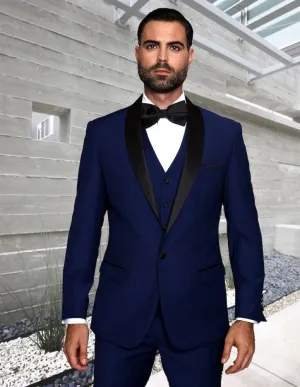 3pc Tailored Fit Flat Front Pants Shawl Lapel Tuxedo  | Tux-sh | Sapphire