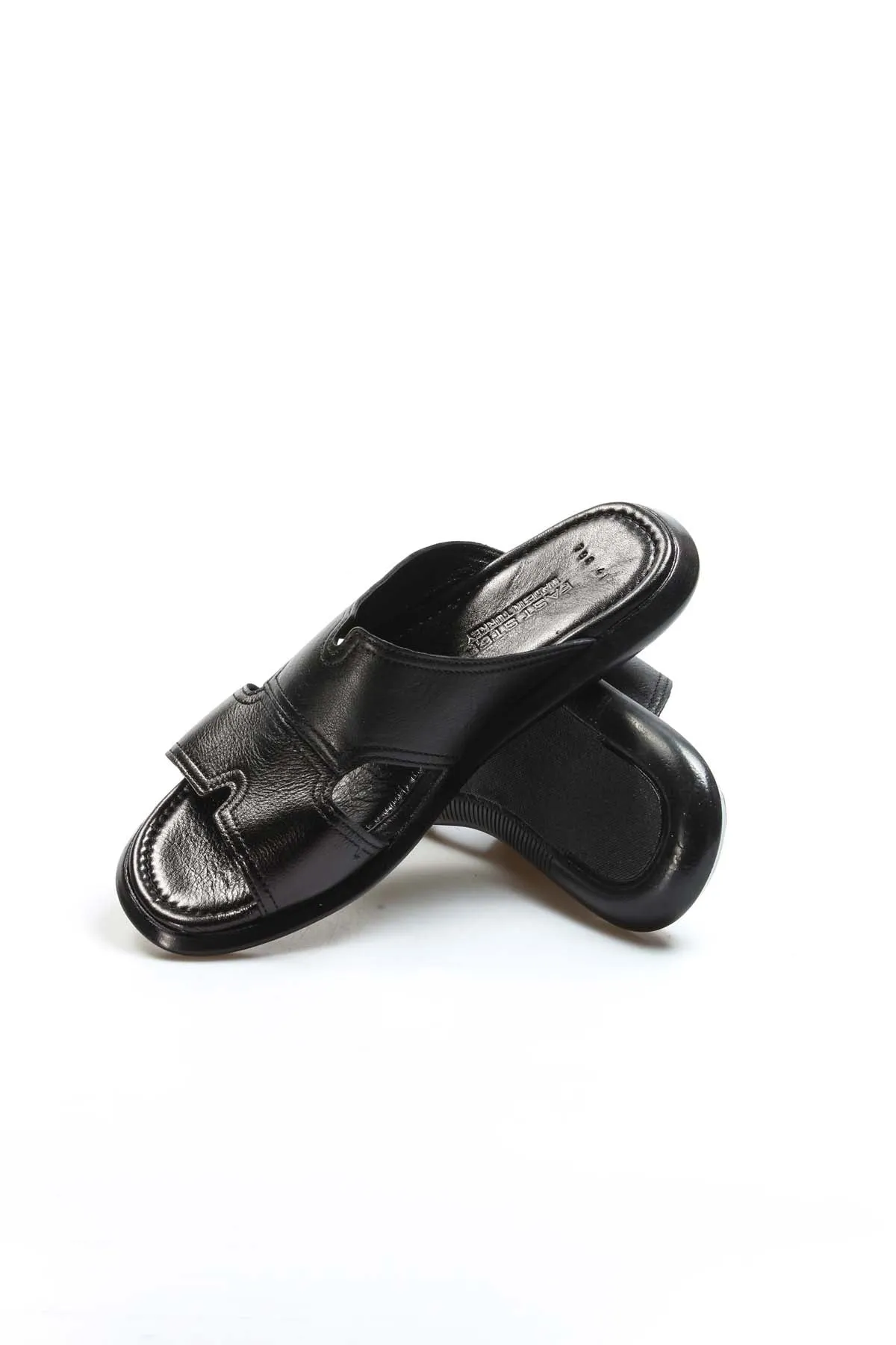 Black Leather Open-Toe Slide Sandals Wessi
