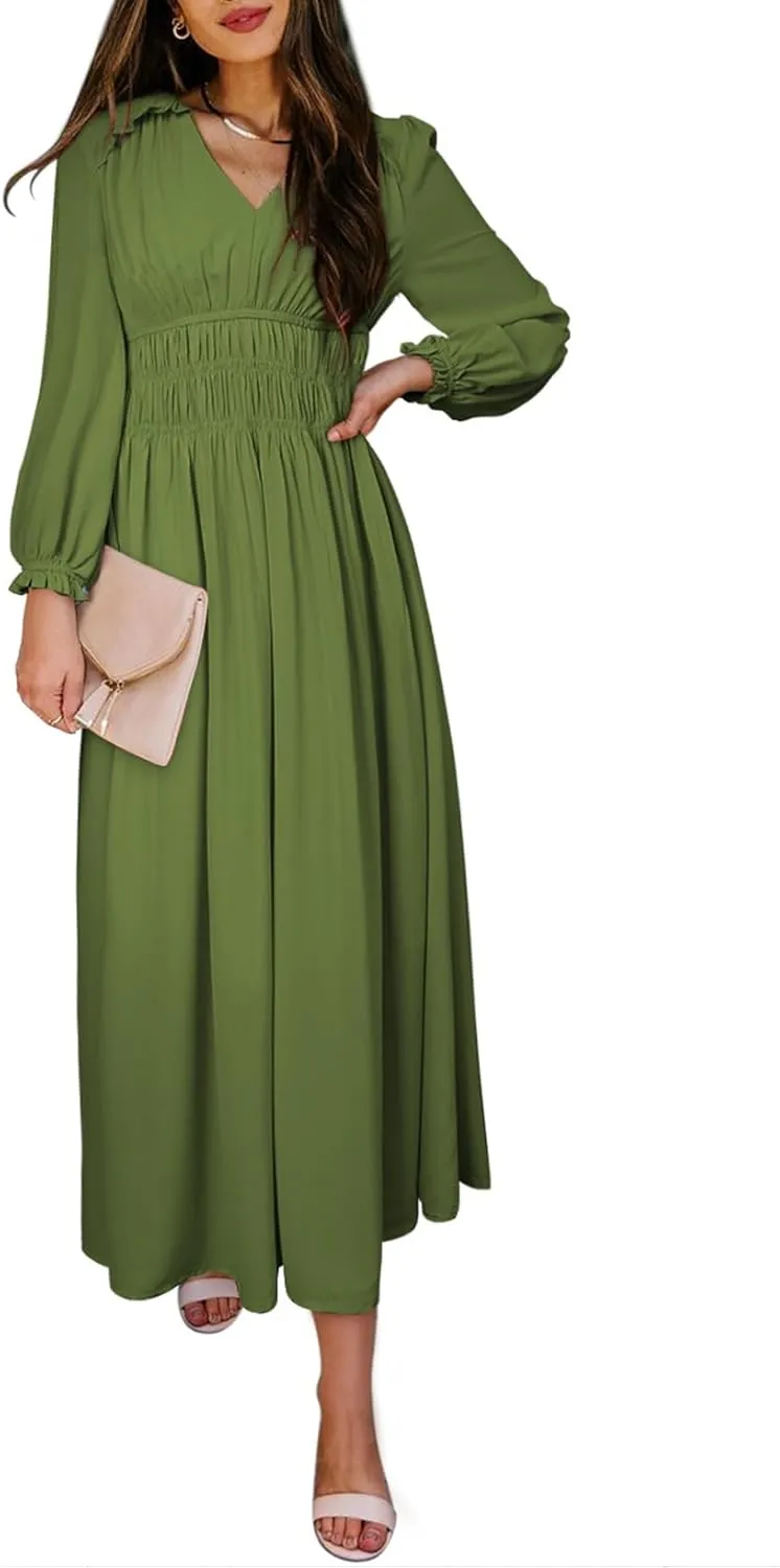 BLENCOT Womens Casual Boho Deep V Neck Short Sleeve Long Dress
