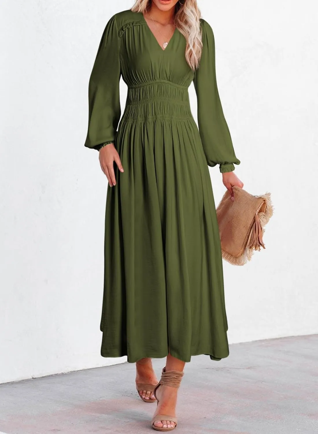 BLENCOT Womens Casual Boho Deep V Neck Short Sleeve Long Dress