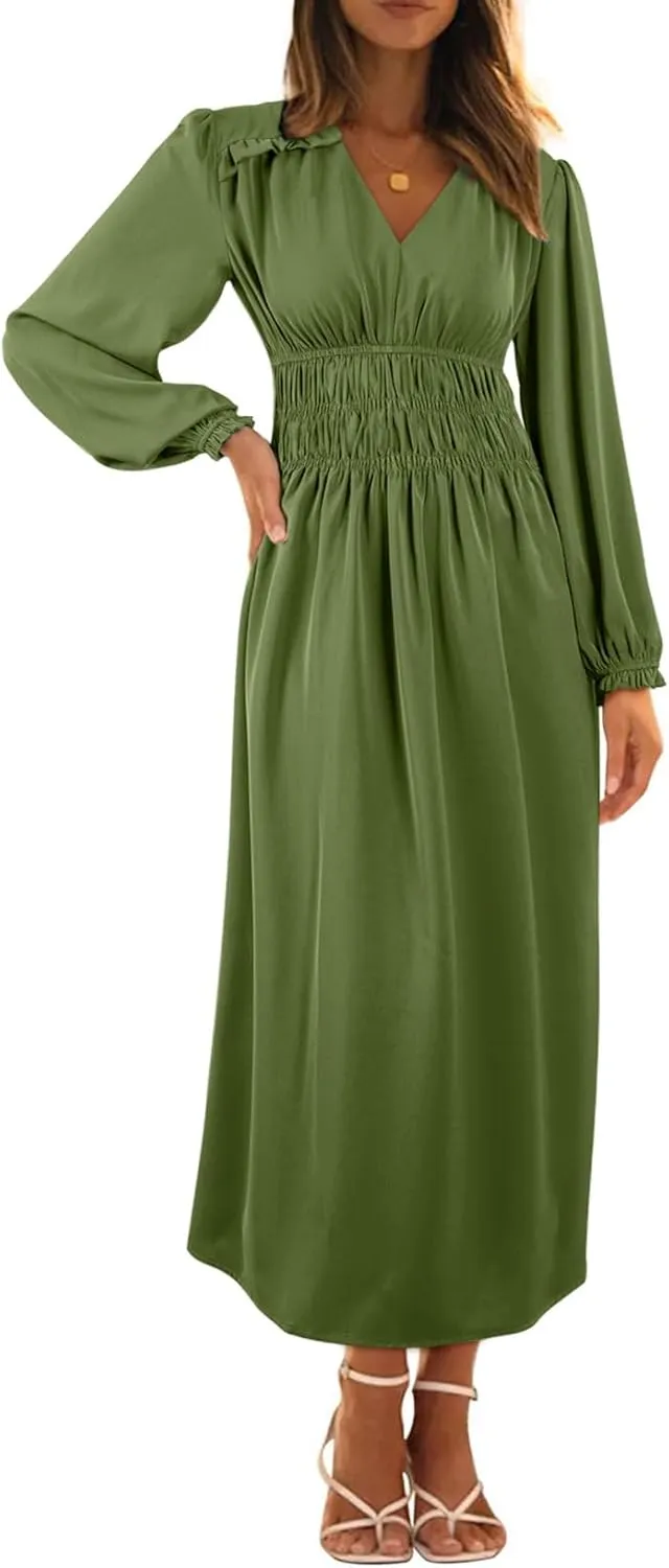 BLENCOT Womens Casual Boho Deep V Neck Short Sleeve Long Dress