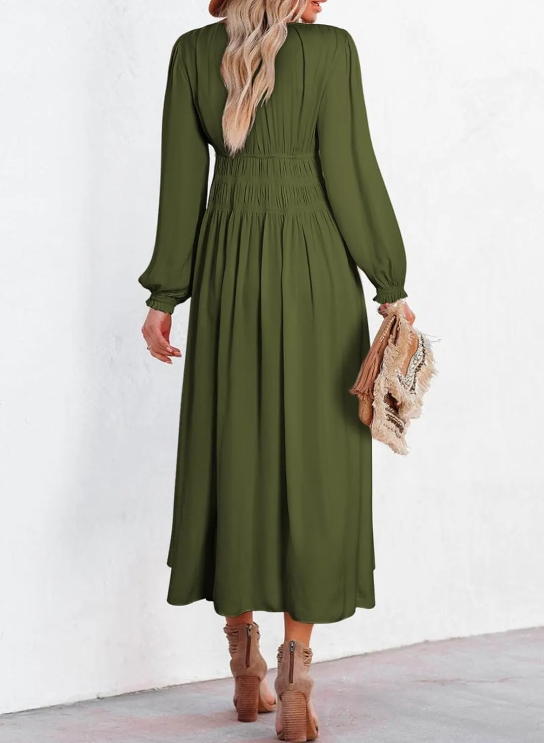 BLENCOT Womens Casual Boho Deep V Neck Short Sleeve Long Dress