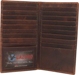 CAZORO RFID Protected Vintage Leather Long Bifold Slim Wallet for Women Men
