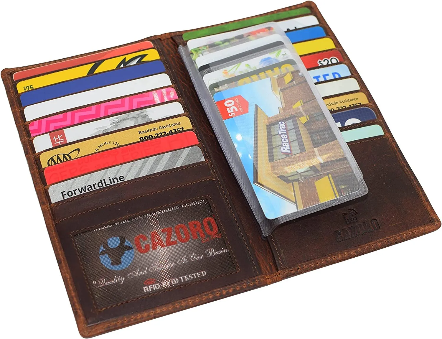 CAZORO RFID Protected Vintage Leather Long Bifold Slim Wallet for Women Men