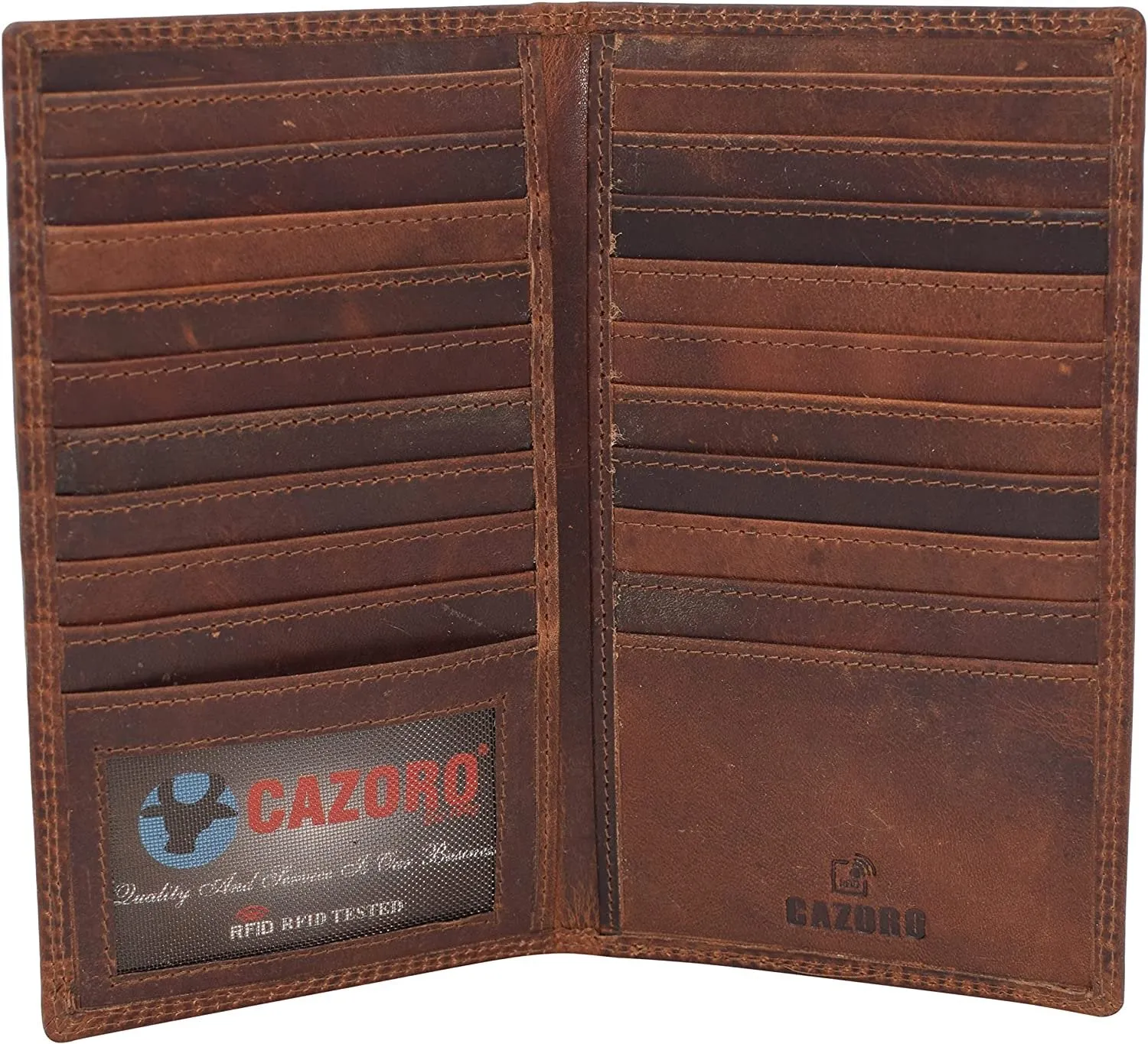 CAZORO RFID Protected Vintage Leather Long Bifold Slim Wallet for Women Men