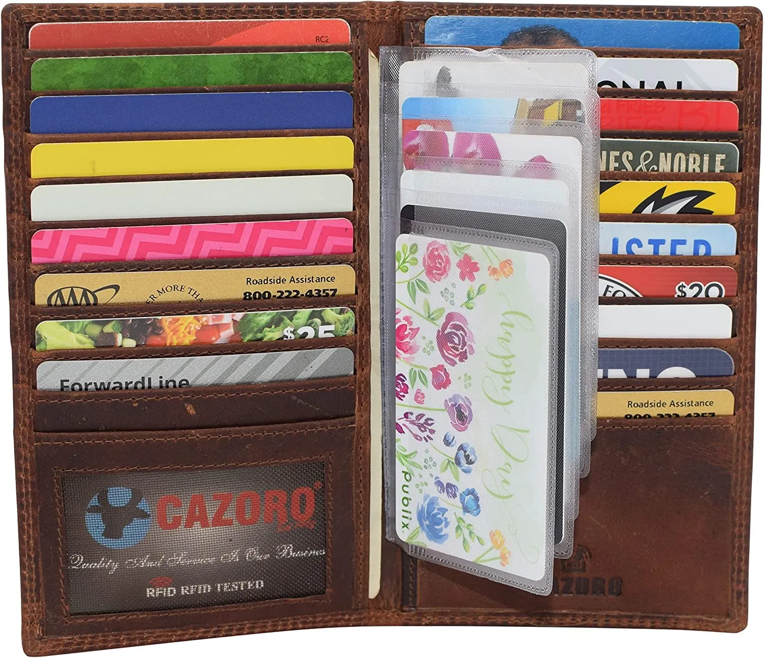 CAZORO RFID Protected Vintage Leather Long Bifold Slim Wallet for Women Men