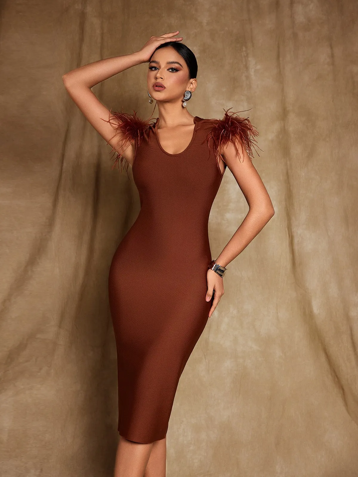 Coleson Sleeveless Feather Bandage Midi Dress