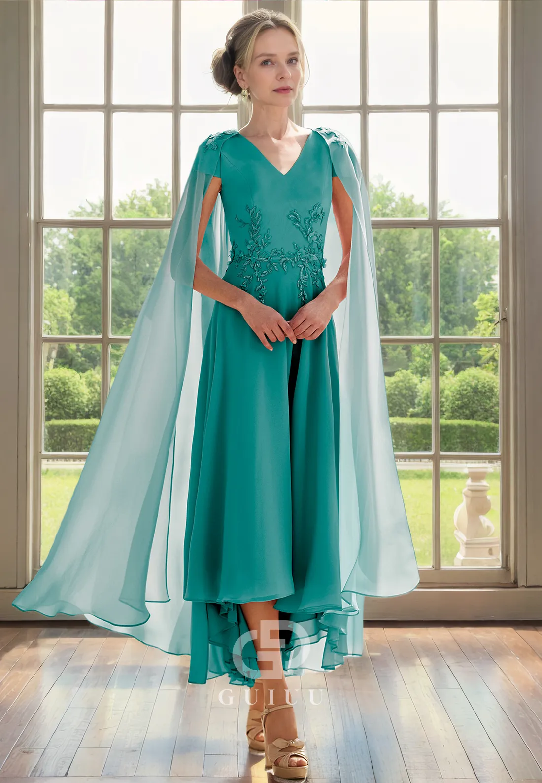 Elegant A-Line V Neck Appliques Back Zipper Tea Length Mother of Bride Dress