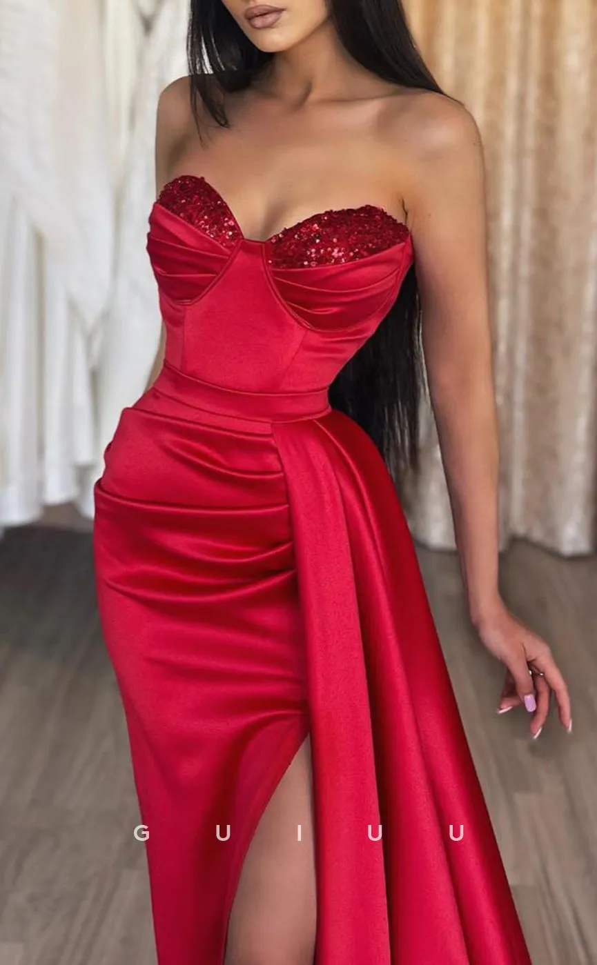 G2556 - Sexy Fitted Sequins Strapless Red Long Prom Evening Dresses With Train