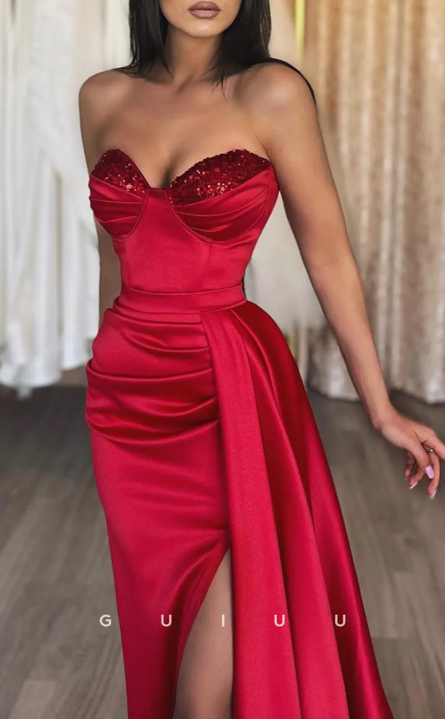 G2556 - Sexy Fitted Sequins Strapless Red Long Prom Evening Dresses With Train