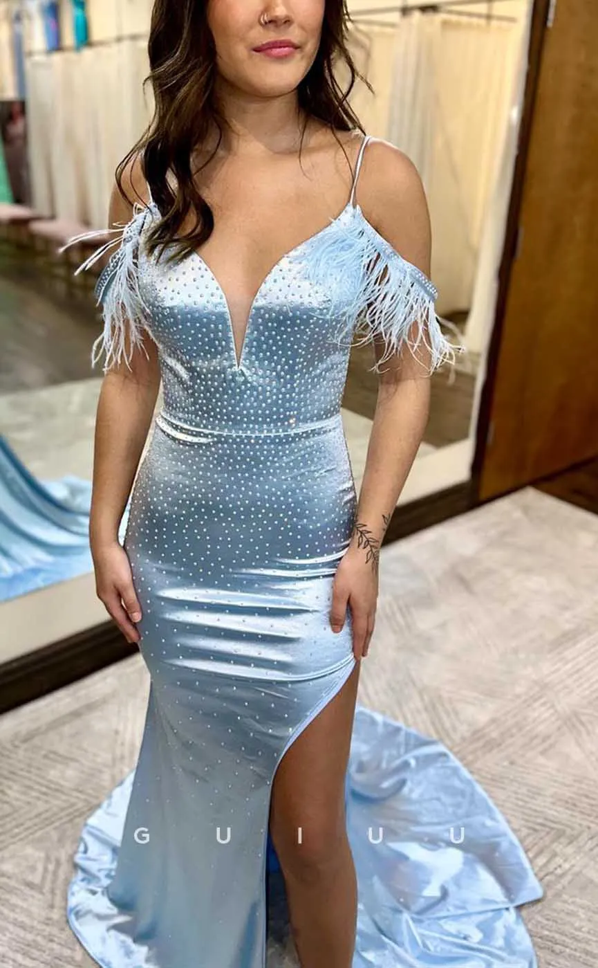 G4058 - Chic & Modern Mermiad Off Shoulder Straps Beaded and Draped Evening Party Prom Dress with High Side Slit and Feather