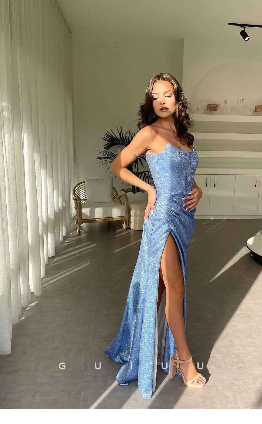 G4471 - Chic & Modern Column Sheath Boat Neck Sleeveless Ruched Shiny Sweep-Length Prom Party Gown with Slit