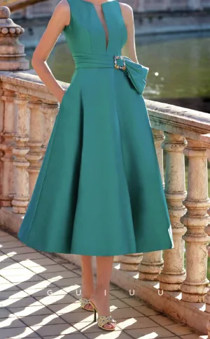 GM297 -  A-Line Scoop Neck Sleeveless Pleated Tea Length Cocktail Dress