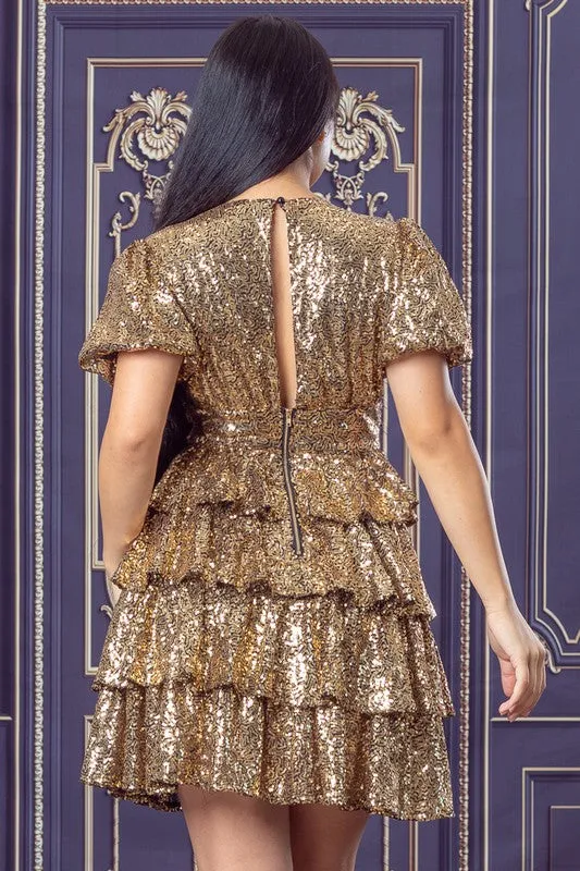 Gold Sequin Tiered Mini Flare Dress