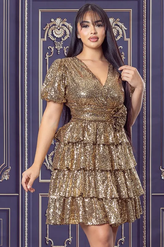 Gold Sequin Tiered Mini Flare Dress