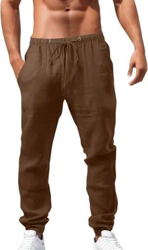 Mens Casual Linen Pants Elastic Waist Drawstring Trousers Athletic Gym Sweatpants Hiking Hunting Work Pant Outdoorwearing Mens Jeans Pants