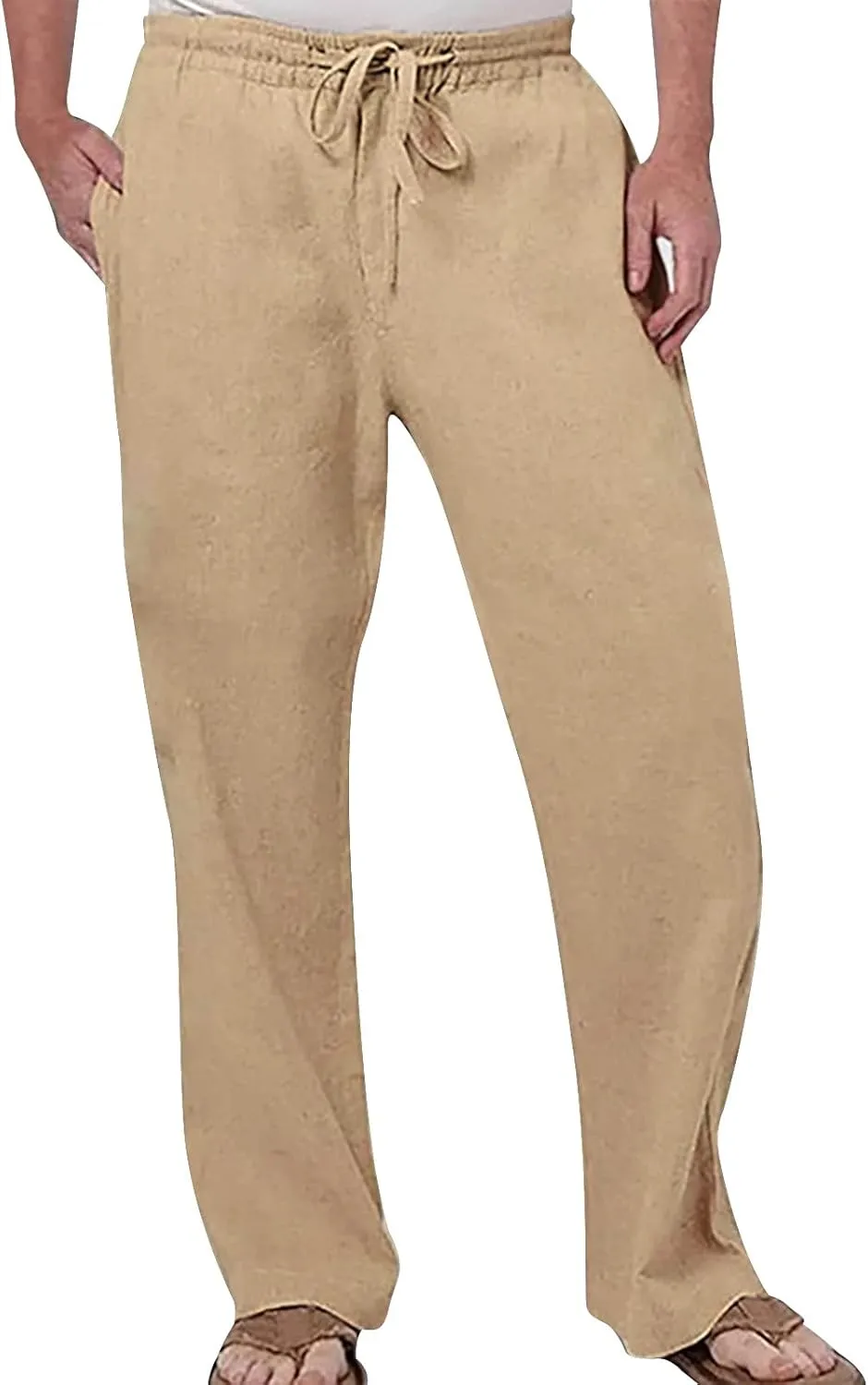 Men's Linen Pants Drawstring Elastic Waist Trousers Loose Fit Summer Beach Pant Outdoor Athletic Hiking Joggers