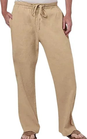 Men's Linen Pants Drawstring Elastic Waist Trousers Loose Fit Summer Beach Pant Outdoor Athletic Hiking Joggers