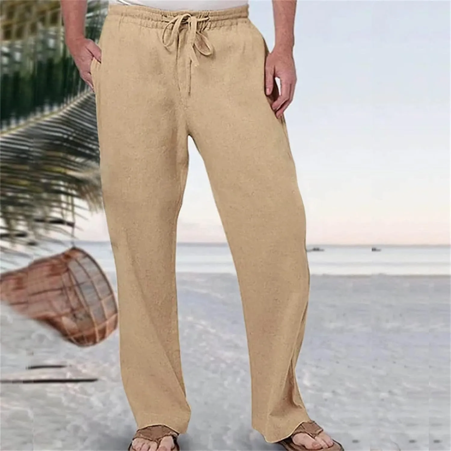 Men's Linen Pants Drawstring Elastic Waist Trousers Loose Fit Summer Beach Pant Outdoor Athletic Hiking Joggers