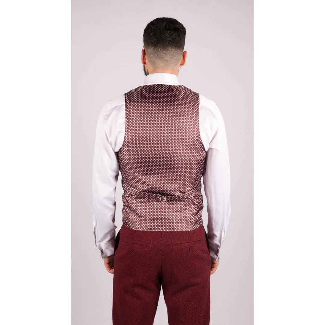 Mens Wool 3 Piece Suit Tweed Burgundy Black Tailored Fit Classic