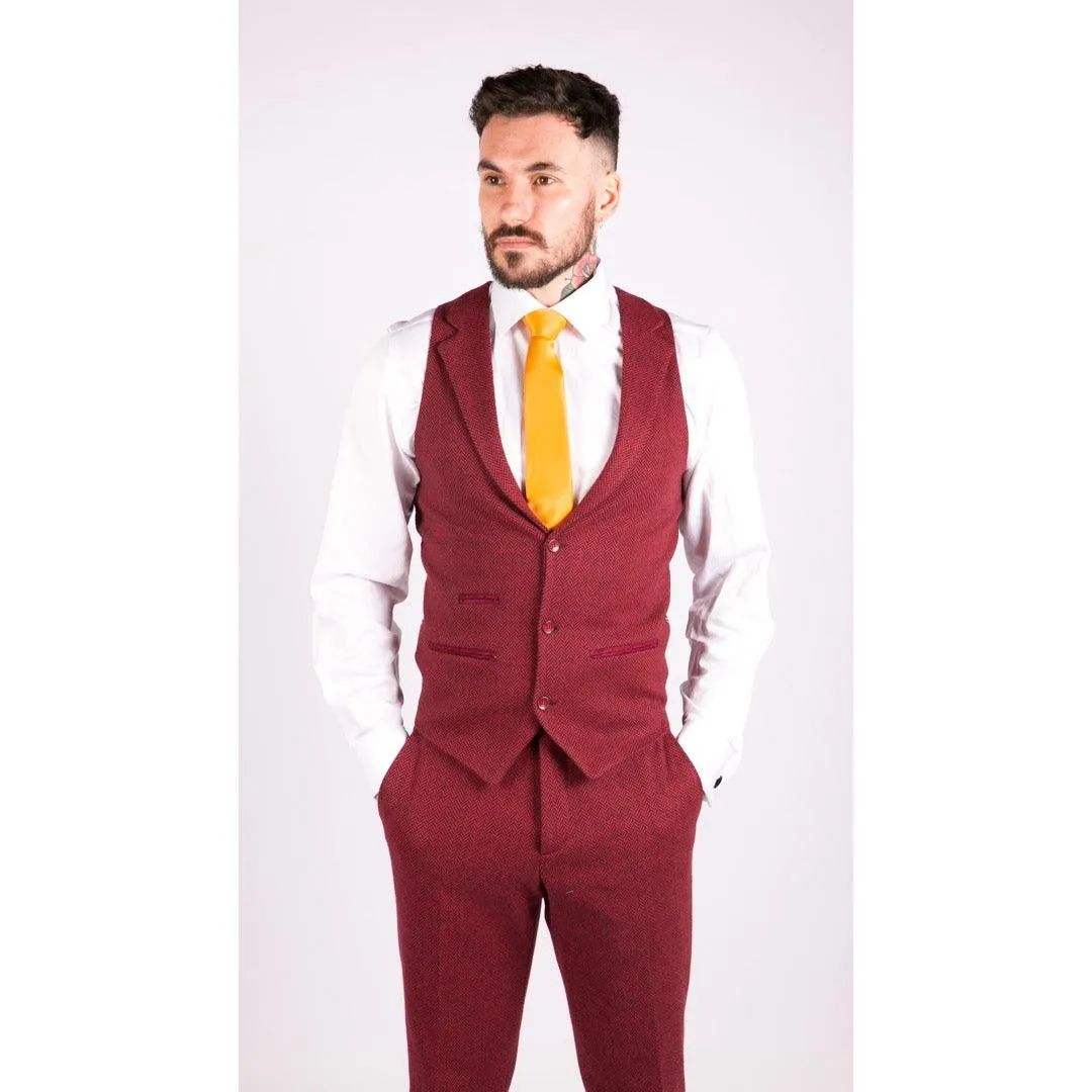 Mens Wool 3 Piece Suit Tweed Burgundy Black Tailored Fit Classic