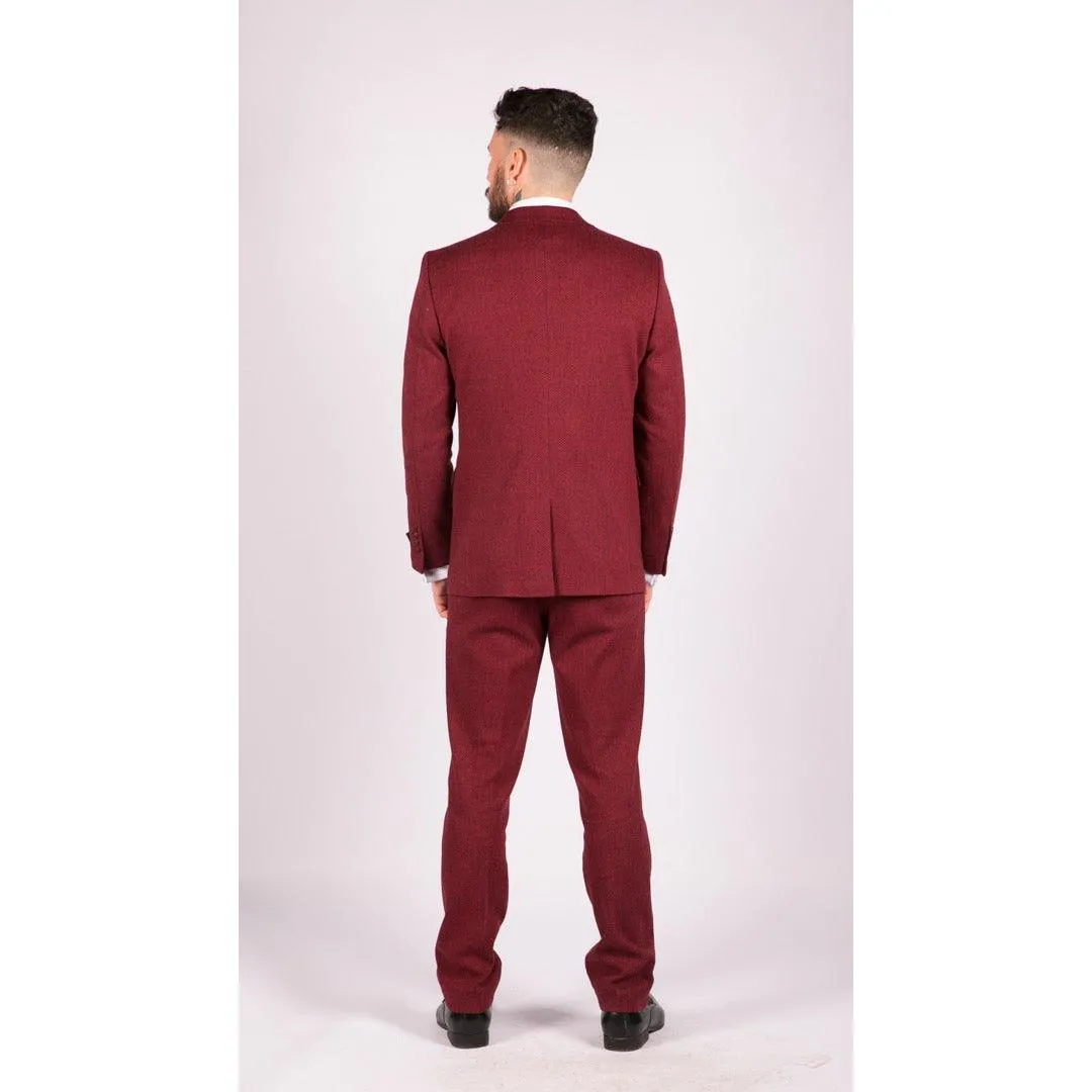 Mens Wool 3 Piece Suit Tweed Burgundy Black Tailored Fit Classic