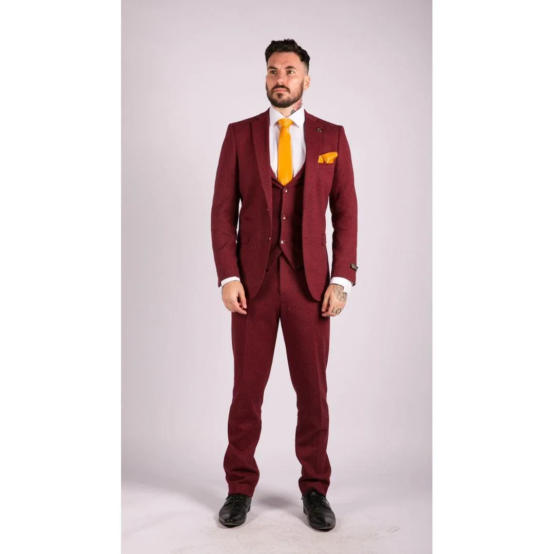 Mens Wool 3 Piece Suit Tweed Burgundy Black Tailored Fit Classic