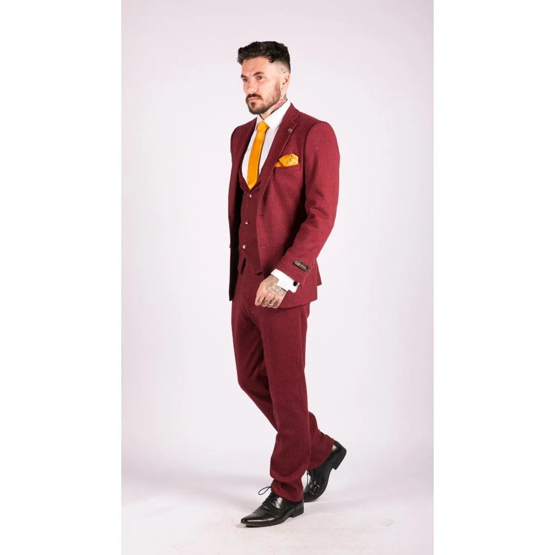 Mens Wool 3 Piece Suit Tweed Burgundy Black Tailored Fit Classic