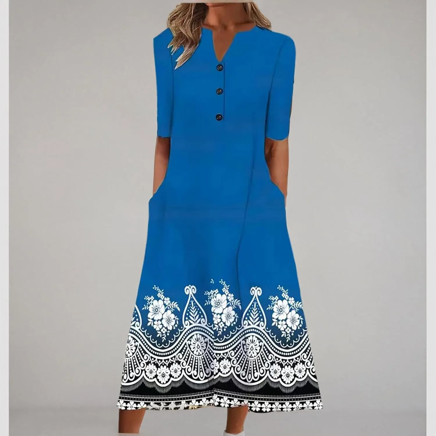 NaRHbrg Womens Summer Dress Casual Floral Print Midi Dress Button V Neck Short Sleeve Dresses Flowy Boho Beach Party Sundress