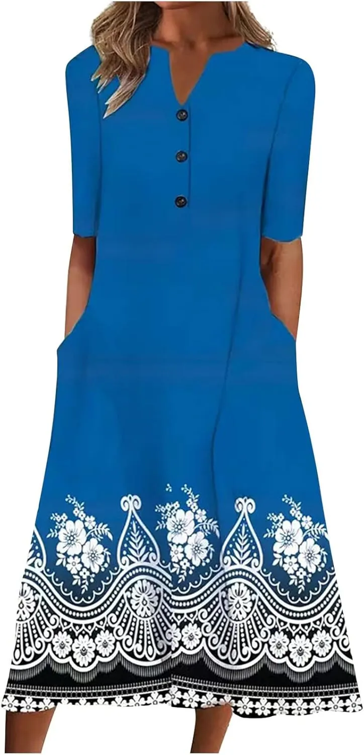 NaRHbrg Womens Summer Dress Casual Floral Print Midi Dress Button V Neck Short Sleeve Dresses Flowy Boho Beach Party Sundress