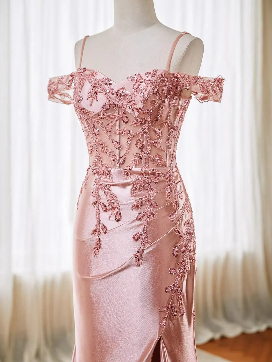 Off Shoulder Satin Prom Dresses 2025 Mermaid Lace Applique Formal Evening Party Gowns with Slit