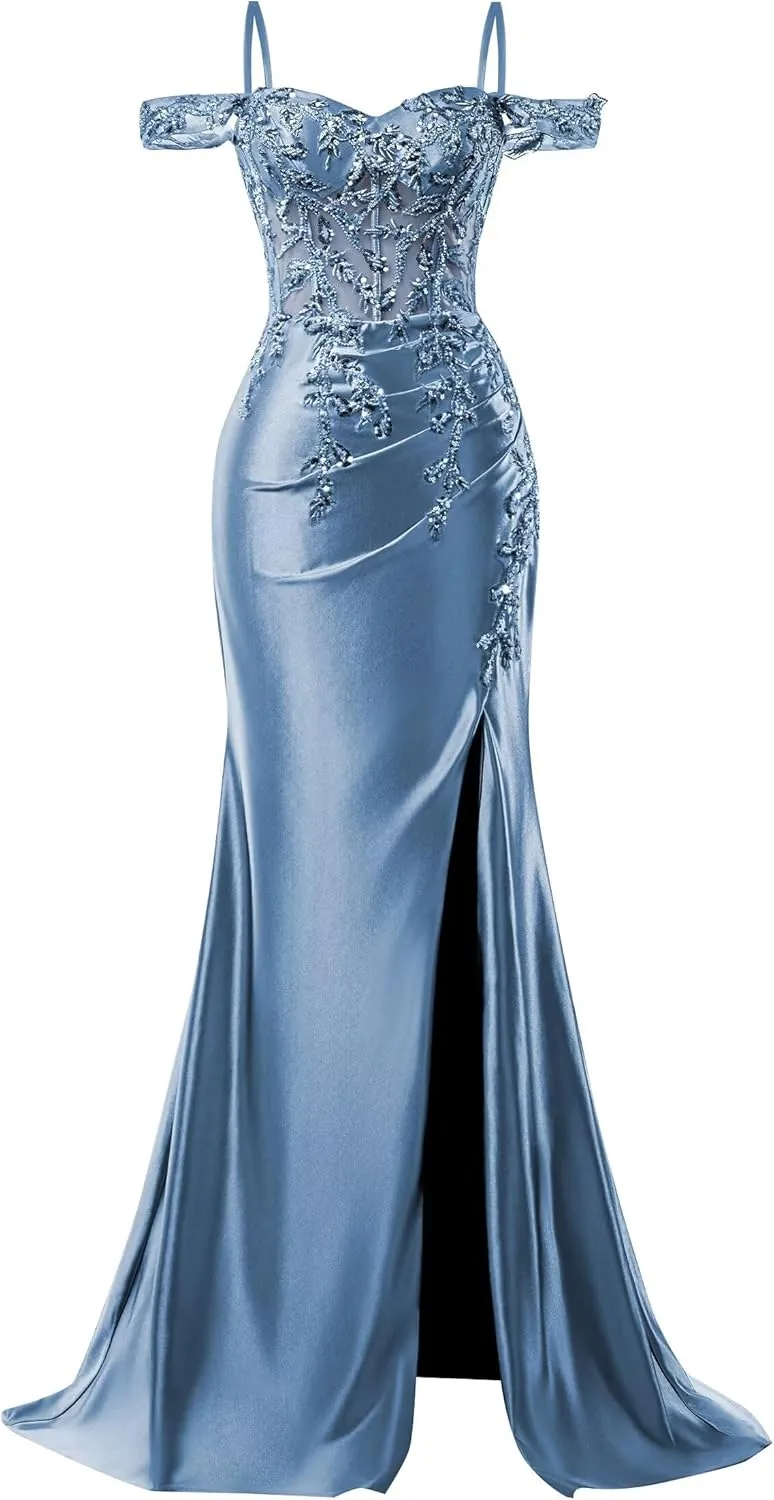 Off Shoulder Satin Prom Dresses 2025 Mermaid Lace Applique Formal Evening Party Gowns with Slit