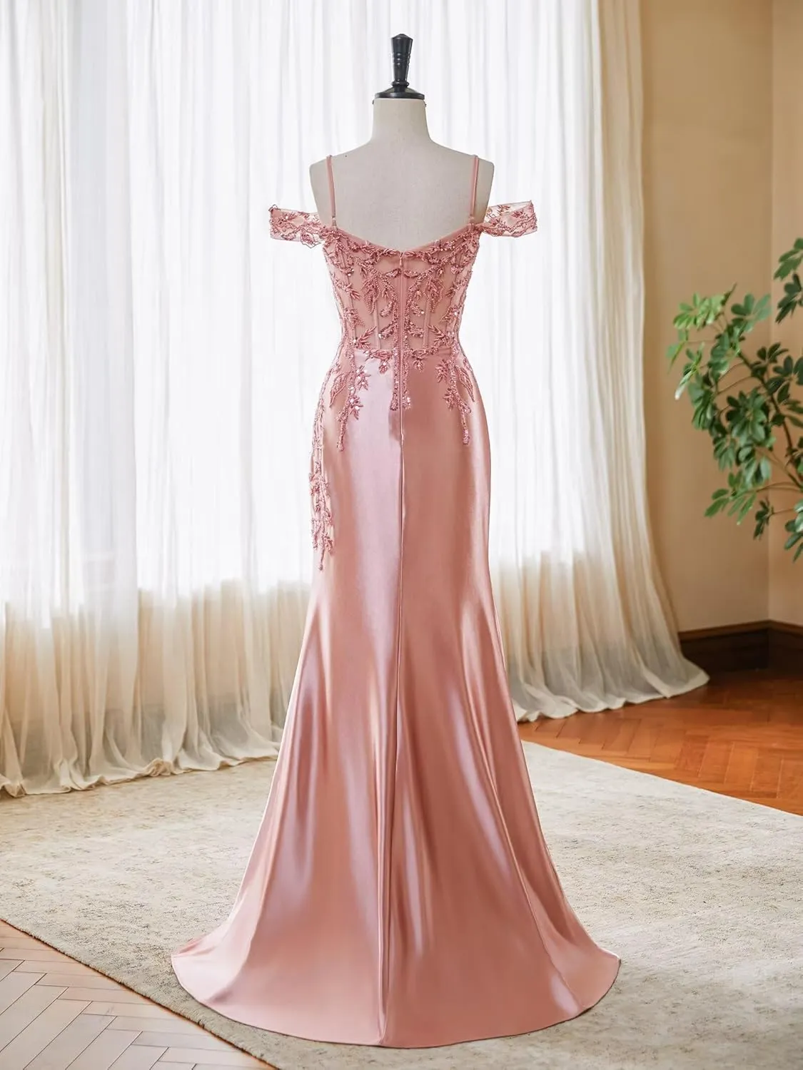 Off Shoulder Satin Prom Dresses 2025 Mermaid Lace Applique Formal Evening Party Gowns with Slit