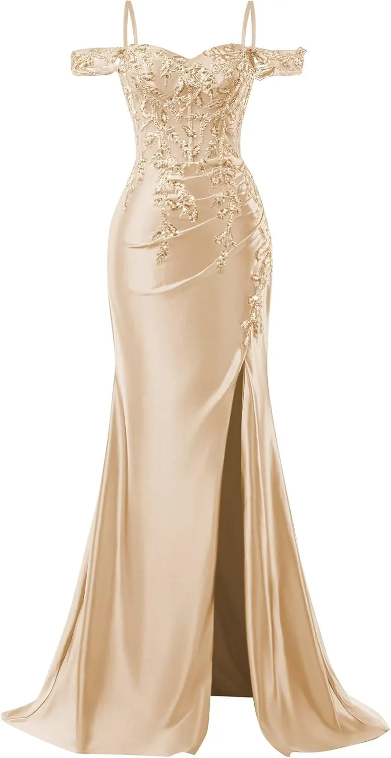 Off Shoulder Satin Prom Dresses 2025 Mermaid Lace Applique Formal Evening Party Gowns with Slit
