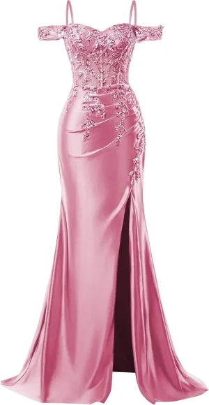 Off Shoulder Satin Prom Dresses 2025 Mermaid Lace Applique Formal Evening Party Gowns with Slit