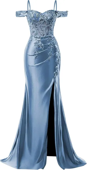 Off Shoulder Satin Prom Dresses 2025 Mermaid Lace Applique Formal Evening Party Gowns with Slit