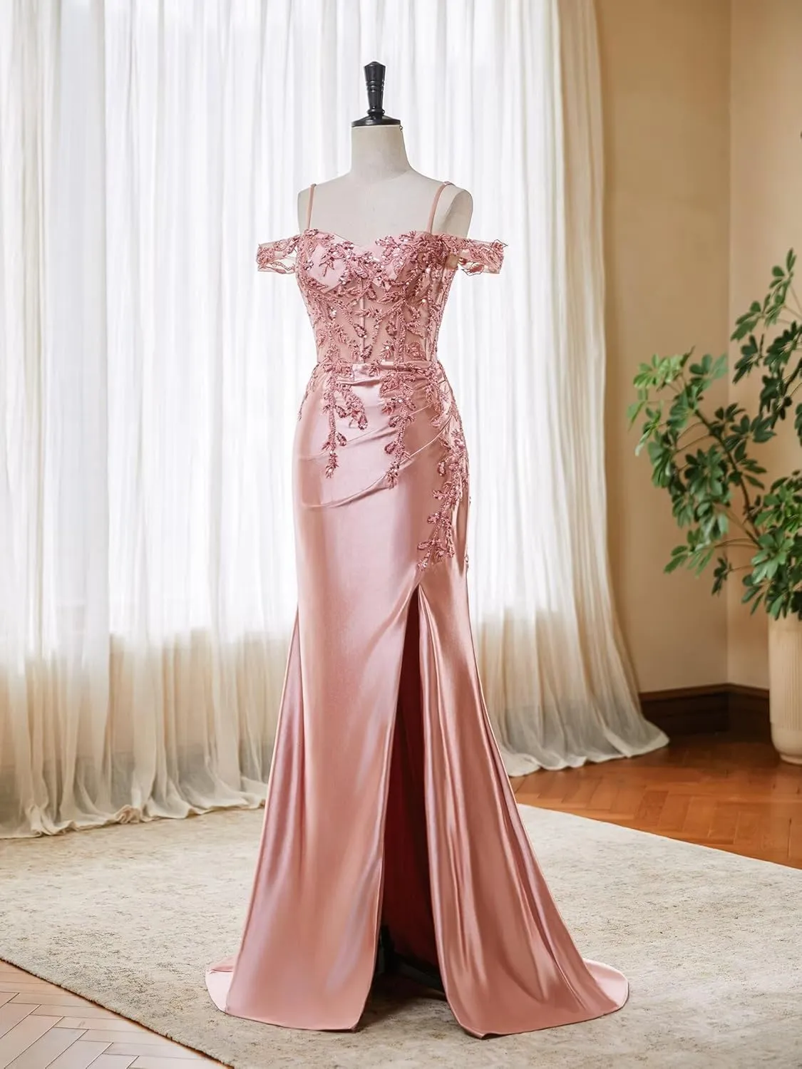 Off Shoulder Satin Prom Dresses 2025 Mermaid Lace Applique Formal Evening Party Gowns with Slit