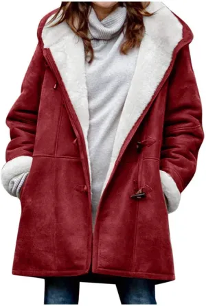 SHAOBGE Warm Jackets Size Plus Coat Horn Plus Long Solid Buckle Overcoat Sleeve Pocket Women Winter Velvet Women's Jacket