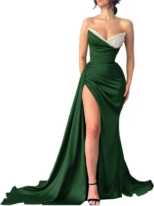 Strapless Mermaid Prom Dresses 2024 Long Sequin Beaded Satin V Neck Pleated Formal Dresses Evening Party Gowns with Slit