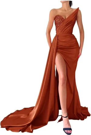 Strapless Mermaid Prom Dresses Long Sequin Beaded V Neck Satin Pleated Split Bodycon Formal Evening Party Gowns with Train