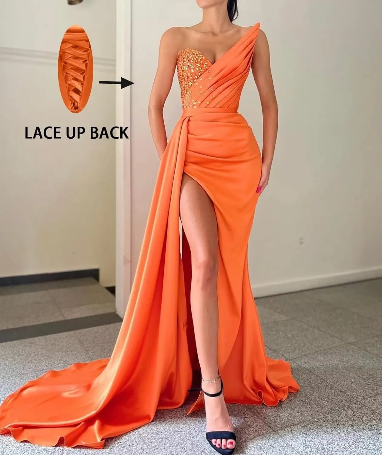 Strapless Mermaid Prom Dresses Long Sequin Beaded V Neck Satin Pleated Split Bodycon Formal Evening Party Gowns with Train