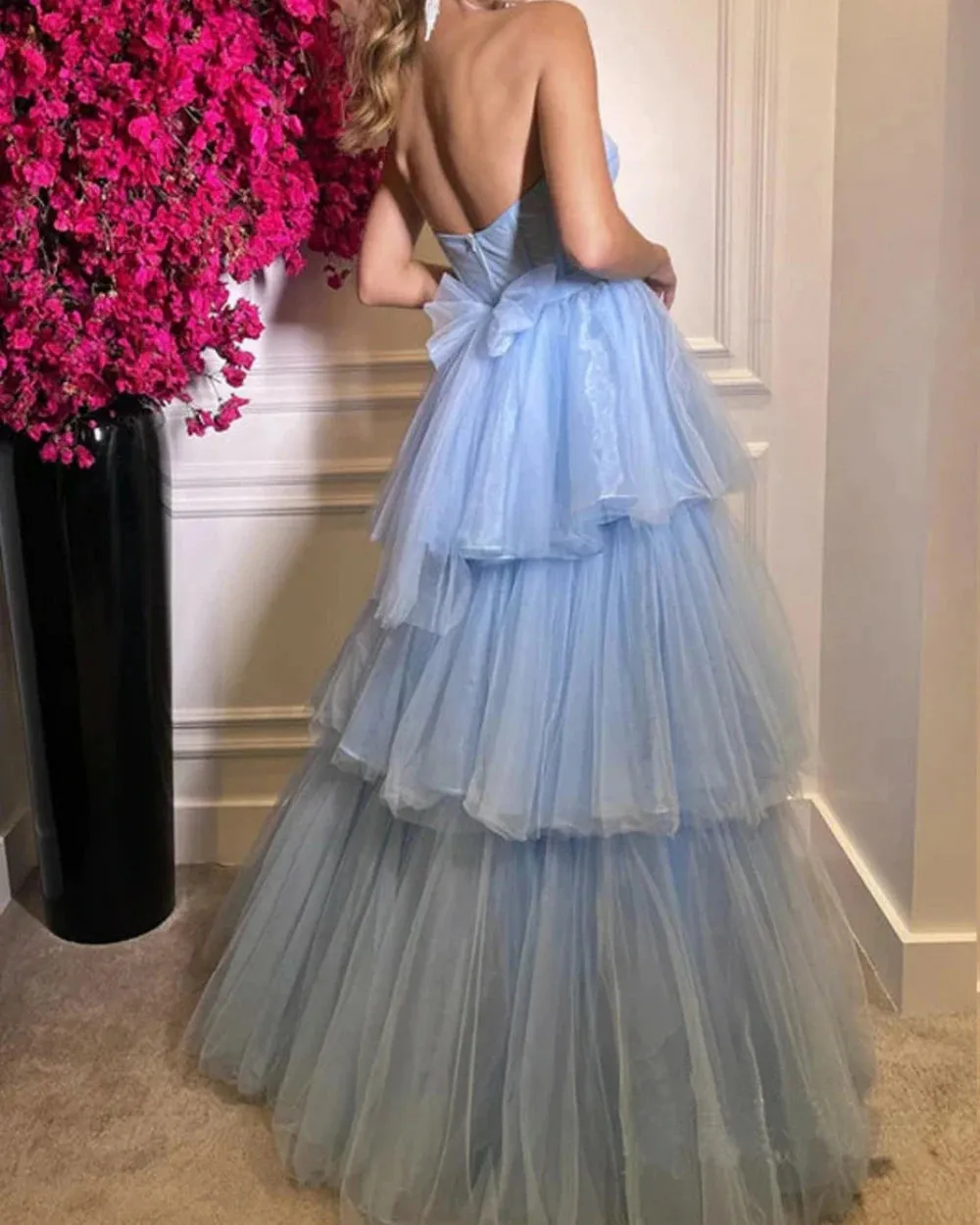 TAVIMART  -  Elegant Light Blue Prom Dress Ruched Tiered Tulle Sweethearts Evening Gowns Party Graduation Dresses Vestido De Noche