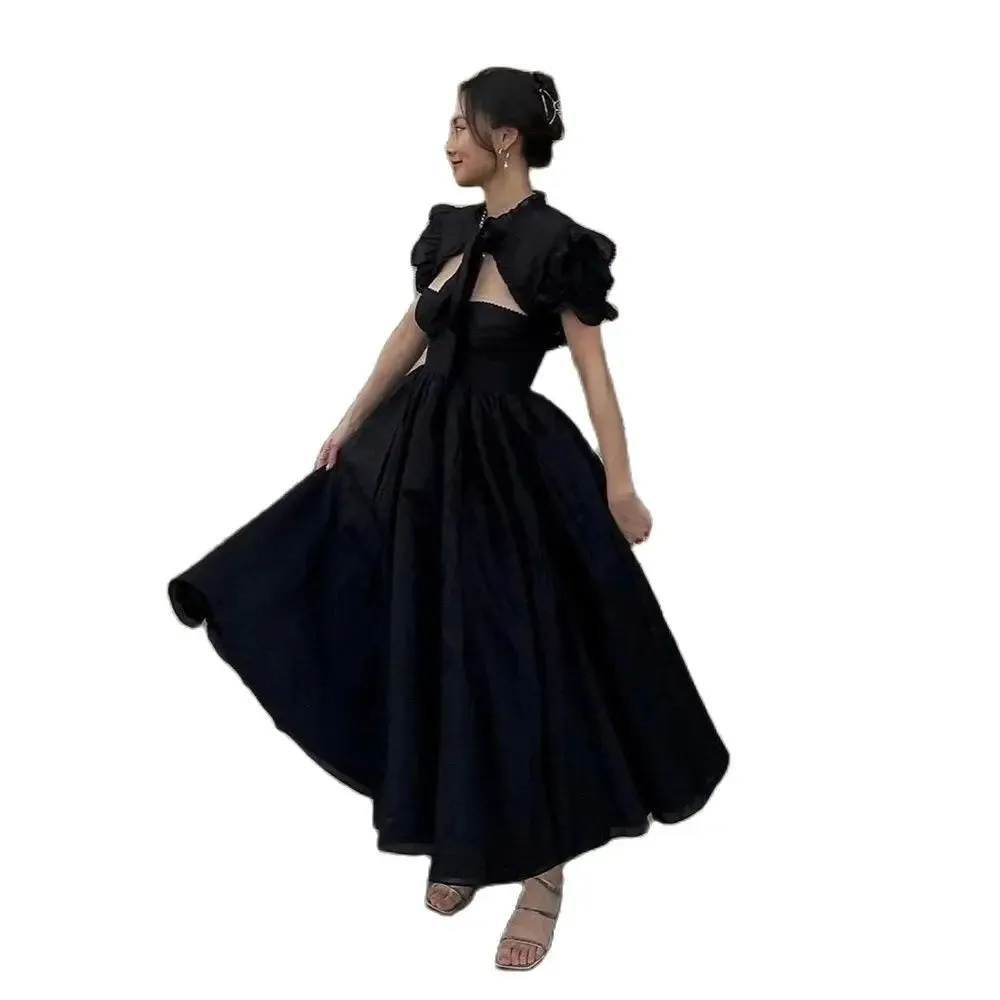 TAVIMART  -  Elegant Satin Puff Sleeves Prom Dresses Cute Ruffles Long Prom Party Dress Hollow-out Puffy Satin High Street Evening Gowns Z