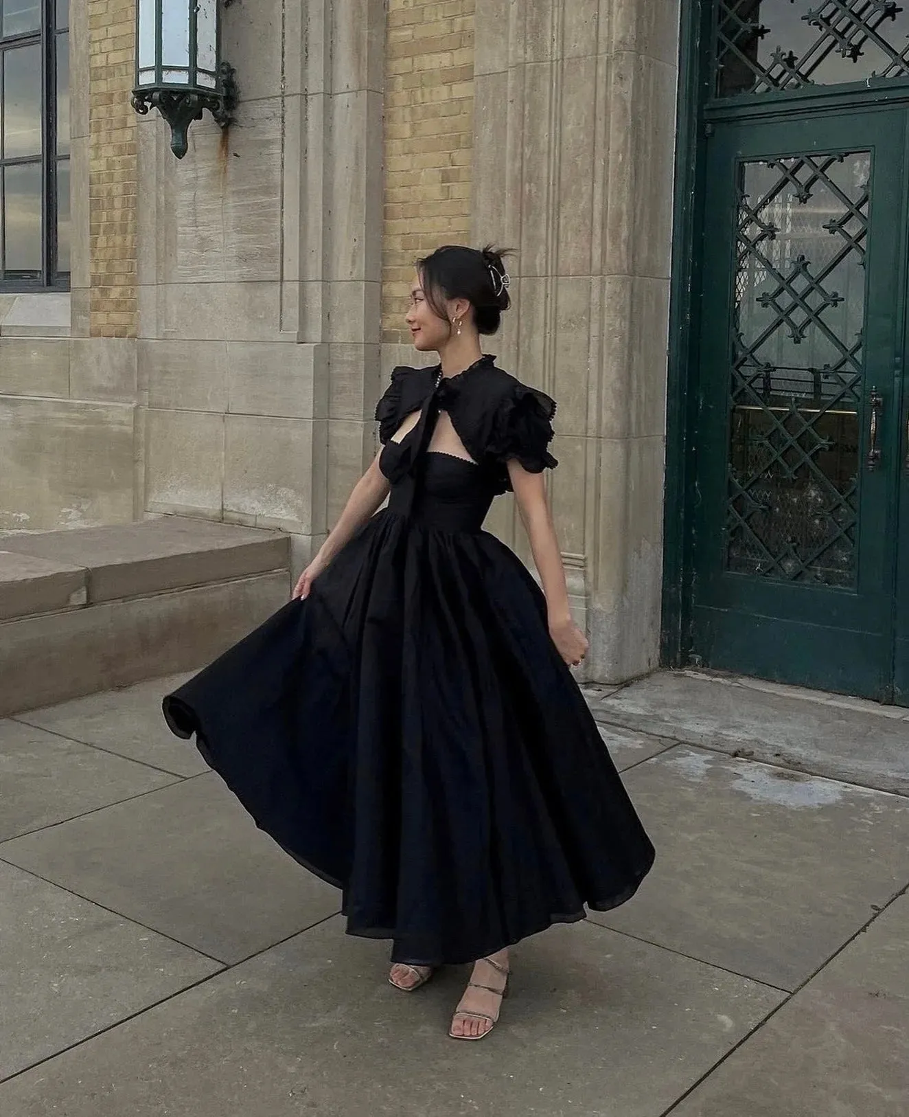 TAVIMART  -  Elegant Satin Puff Sleeves Prom Dresses Cute Ruffles Long Prom Party Dress Hollow-out Puffy Satin High Street Evening Gowns Z